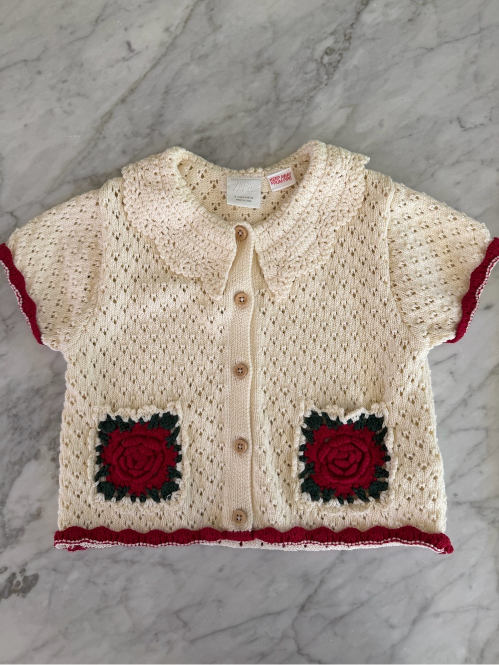 Zara Knit Two-Piece Set with Red Rose Appliqués - Picture 2 of 6